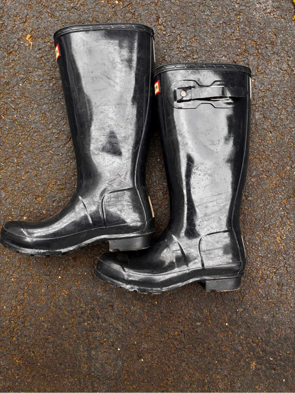 Hunter Gloss Black Tall Rain Boots with Side Buckle